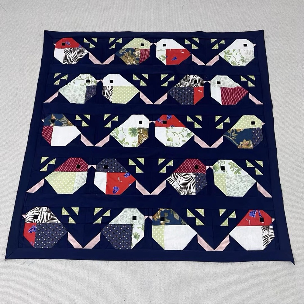 Handmade Navy Quilted Wall Tapestry with Multicolor Patchwork